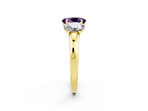 Yellow gold Oval Cut Amethyst Three-Stone Ring with Four-Prong Setting and Classic Band_2
