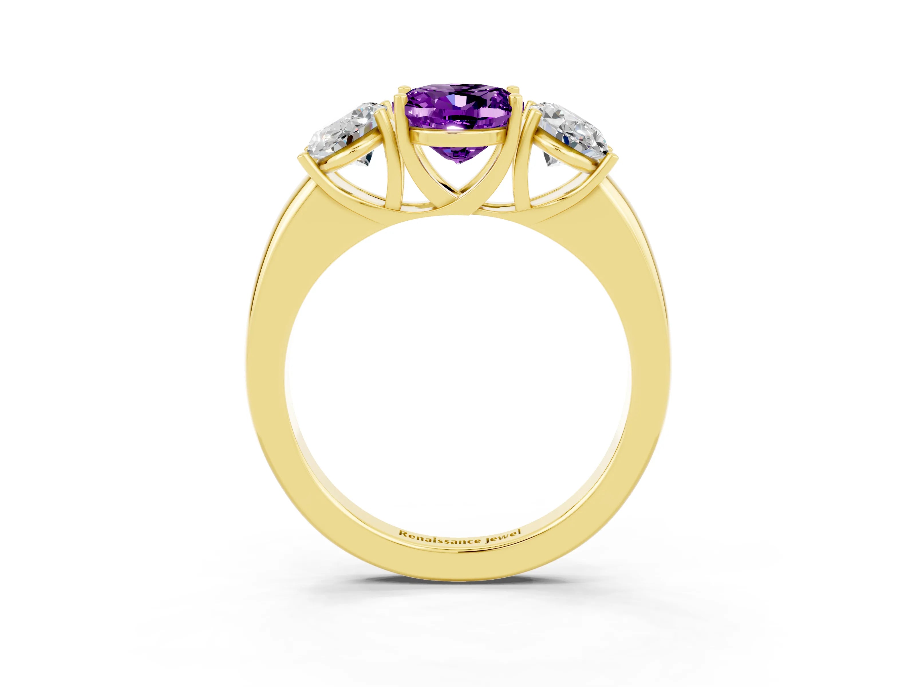 Yellow gold Oval Cut Amethyst Three-Stone Ring with Four-Prong Setting and Classic Band_3