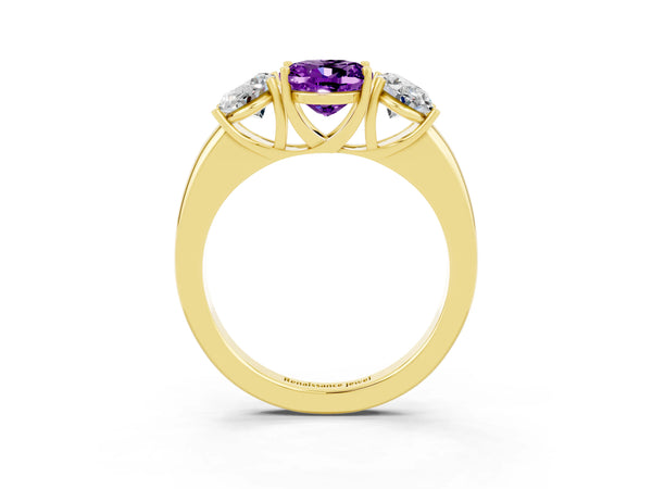 Yellow gold Oval Cut Amethyst Three-Stone Ring with Four-Prong Setting and Classic Band