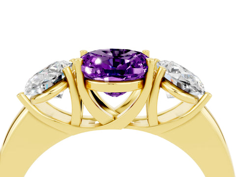 Yellow gold Oval Cut Amethyst Three-Stone Ring with Four-Prong Setting and Classic Band_4