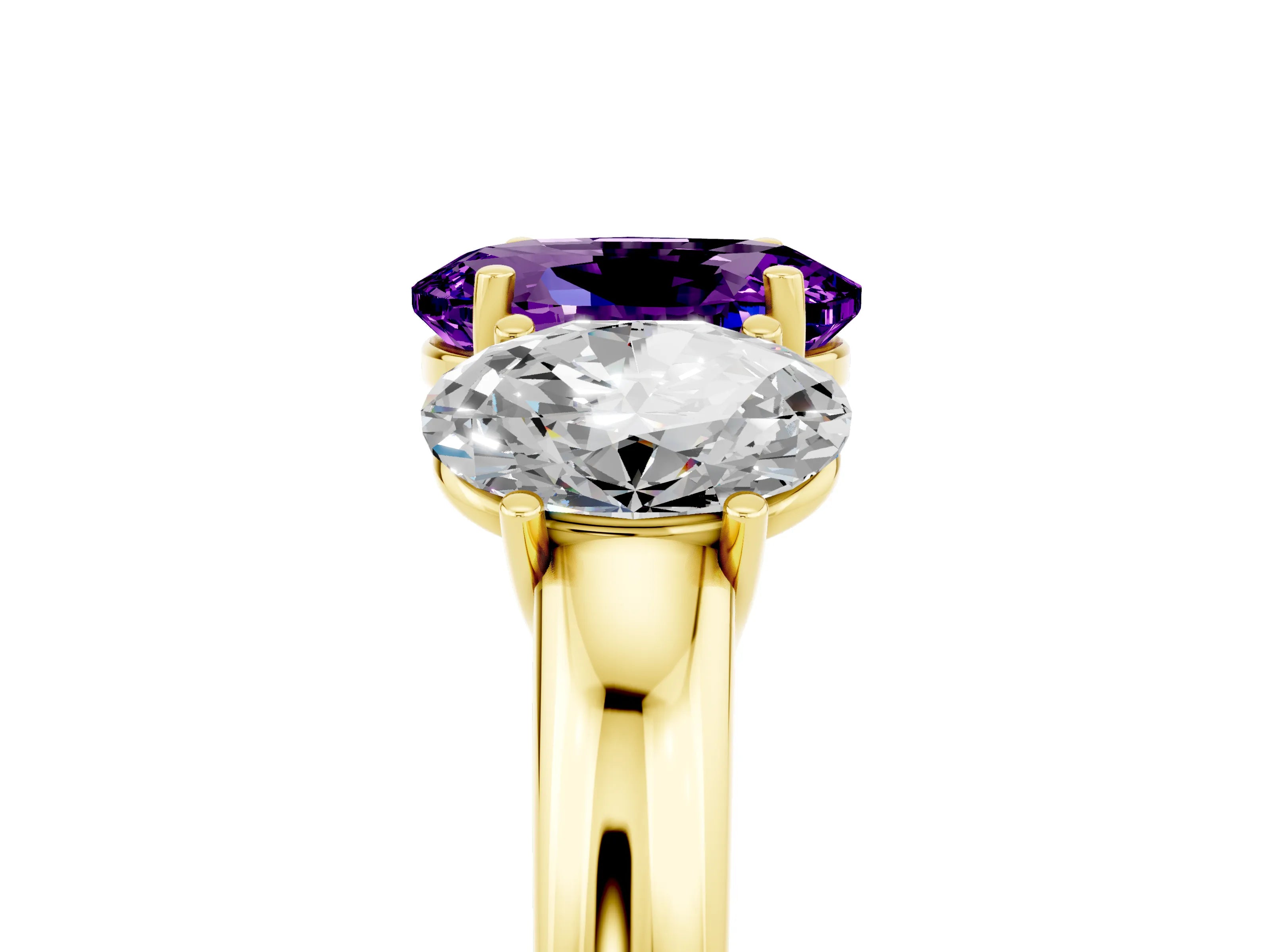 Yellow gold Oval Cut Amethyst Three-Stone Ring with Four-Prong Setting and Classic Band_5