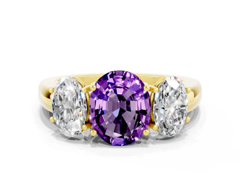 Yellow gold Oval Cut Amethyst Three-Stone Ring with Four-Prong Setting and Classic Band