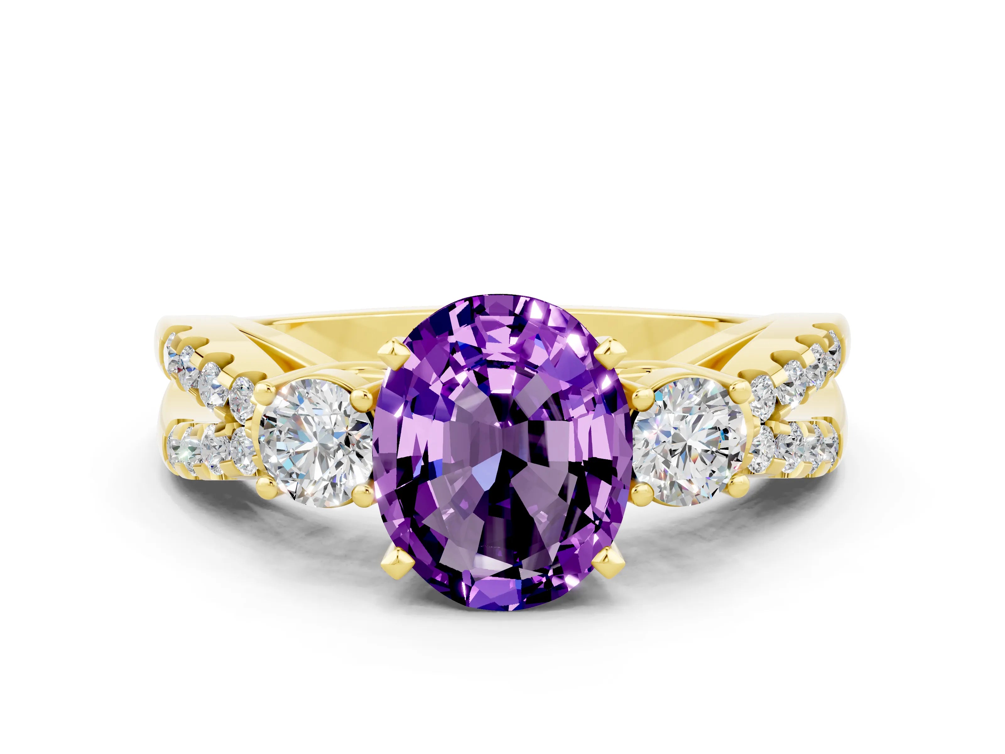 Yellow gold Oval Cut Amethyst Three-Stone Ring with Pavé Split Shank and Four-Prong Setting_12