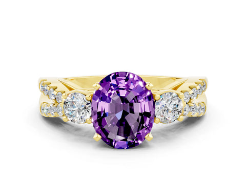 Yellow gold Oval Cut Amethyst Three-Stone Ring with Pavé Split Shank and Four-Prong Setting_12