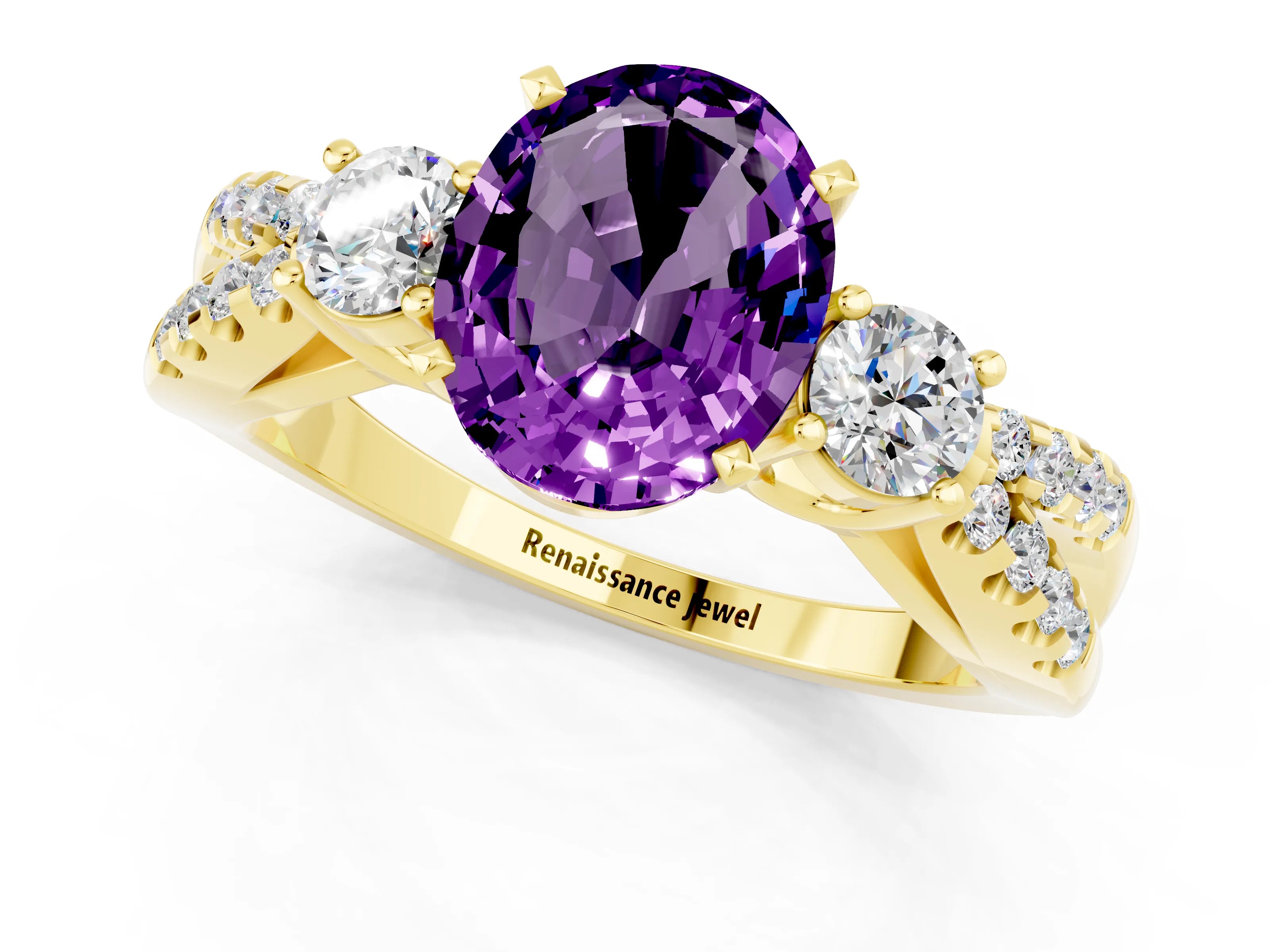 Yellow gold Oval Cut Amethyst Three-Stone Ring with Pavé Split Shank and Four-Prong Setting_13