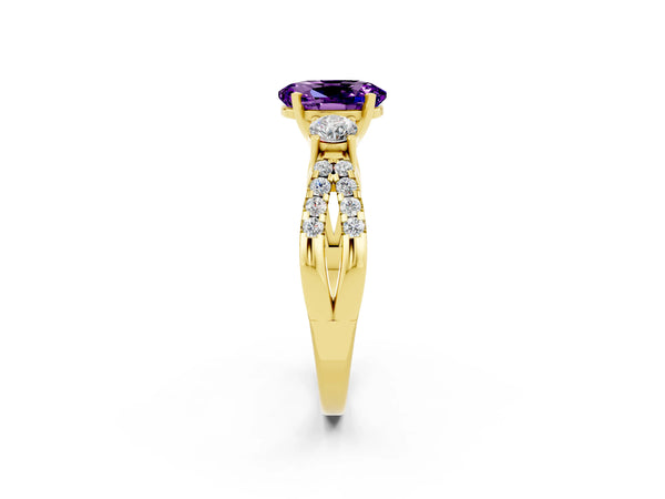 Yellow gold Oval Cut Amethyst Three-Stone Ring with Pavé Split Shank and Four-Prong Setting