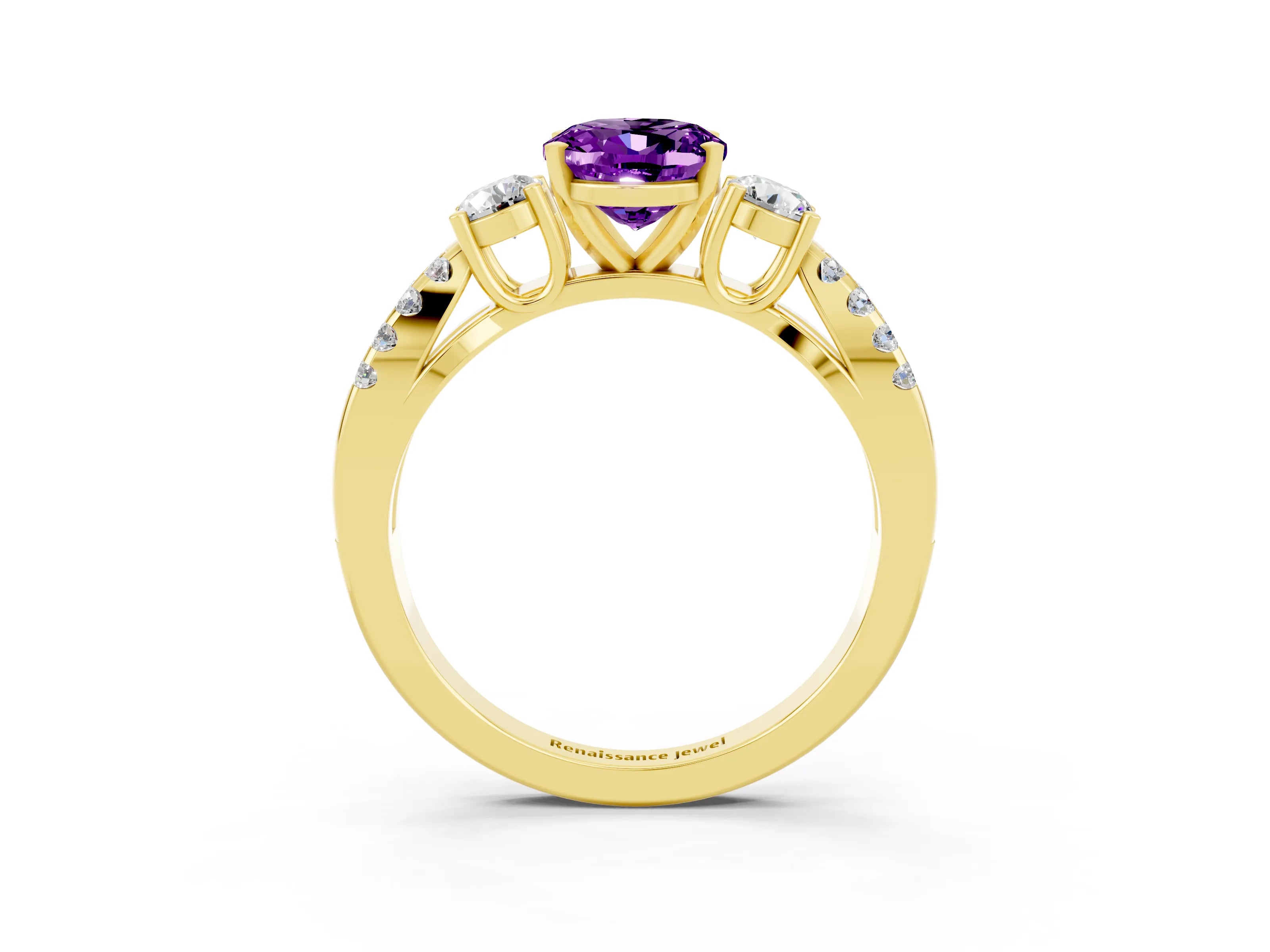 Yellow gold Oval Cut Amethyst Three-Stone Ring with Pavé Split Shank and Four-Prong Setting_15