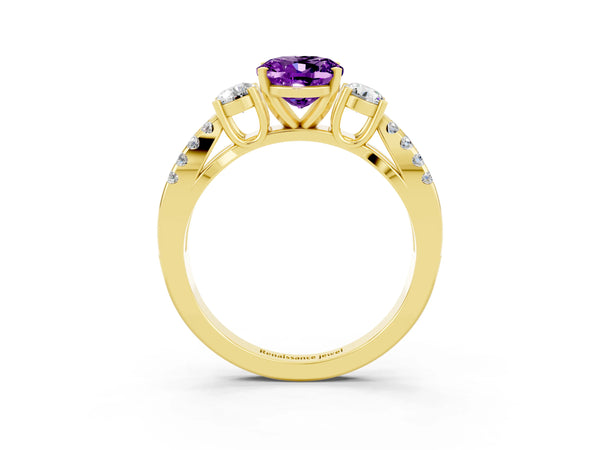 Yellow gold Oval Cut Amethyst Three-Stone Ring with Pavé Split Shank and Four-Prong Setting