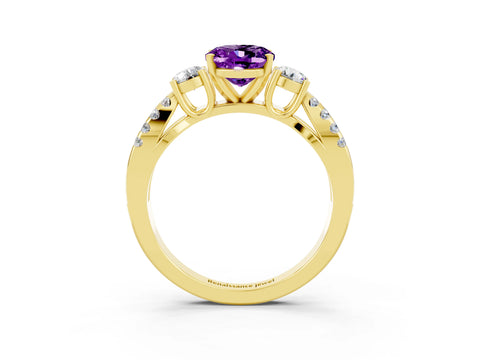 Yellow gold Oval Cut Amethyst Three-Stone Ring with Pavé Split Shank and Four-Prong Setting_15