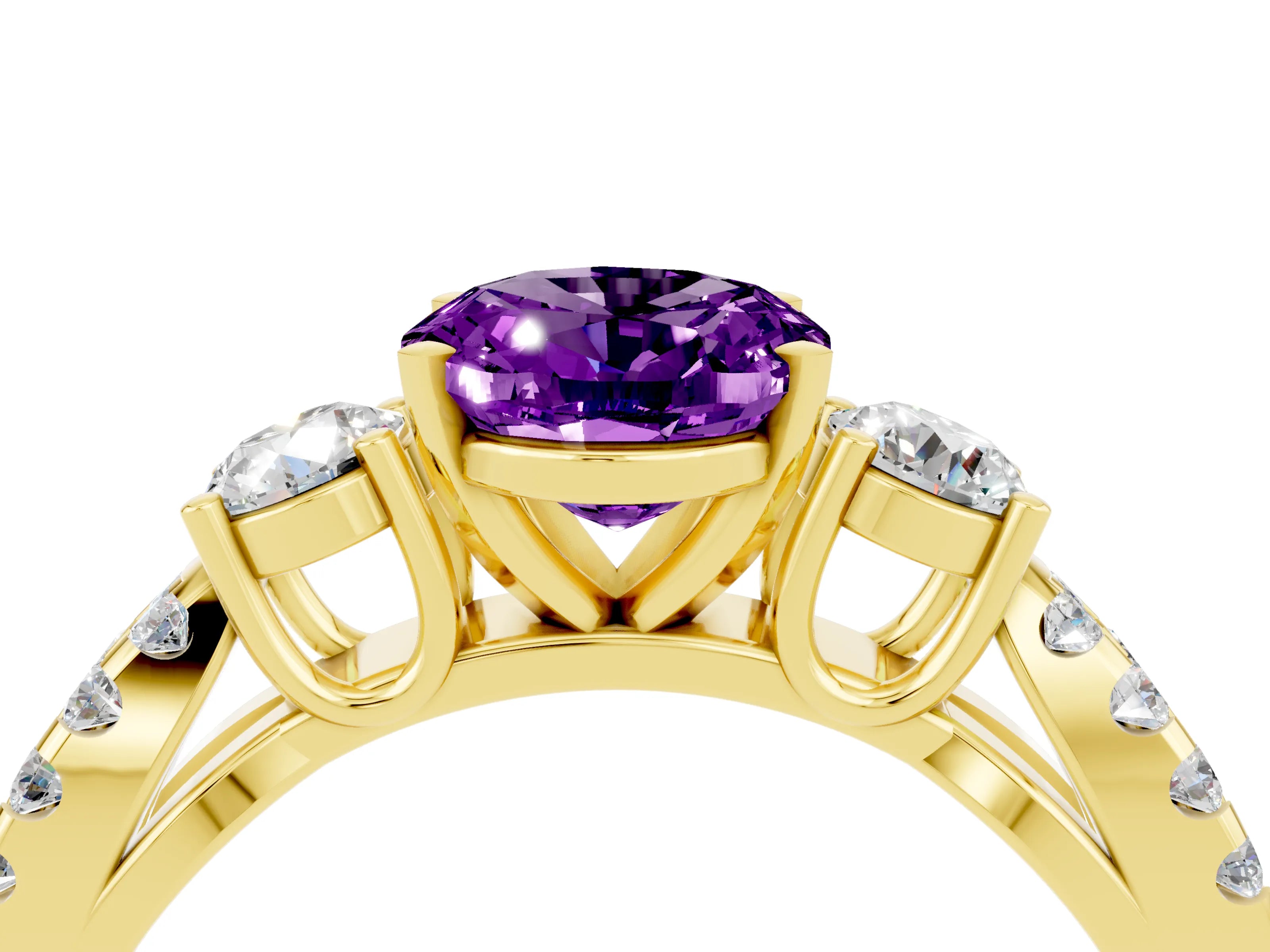 Yellow gold Oval Cut Amethyst Three-Stone Ring with Pavé Split Shank and Four-Prong Setting_16