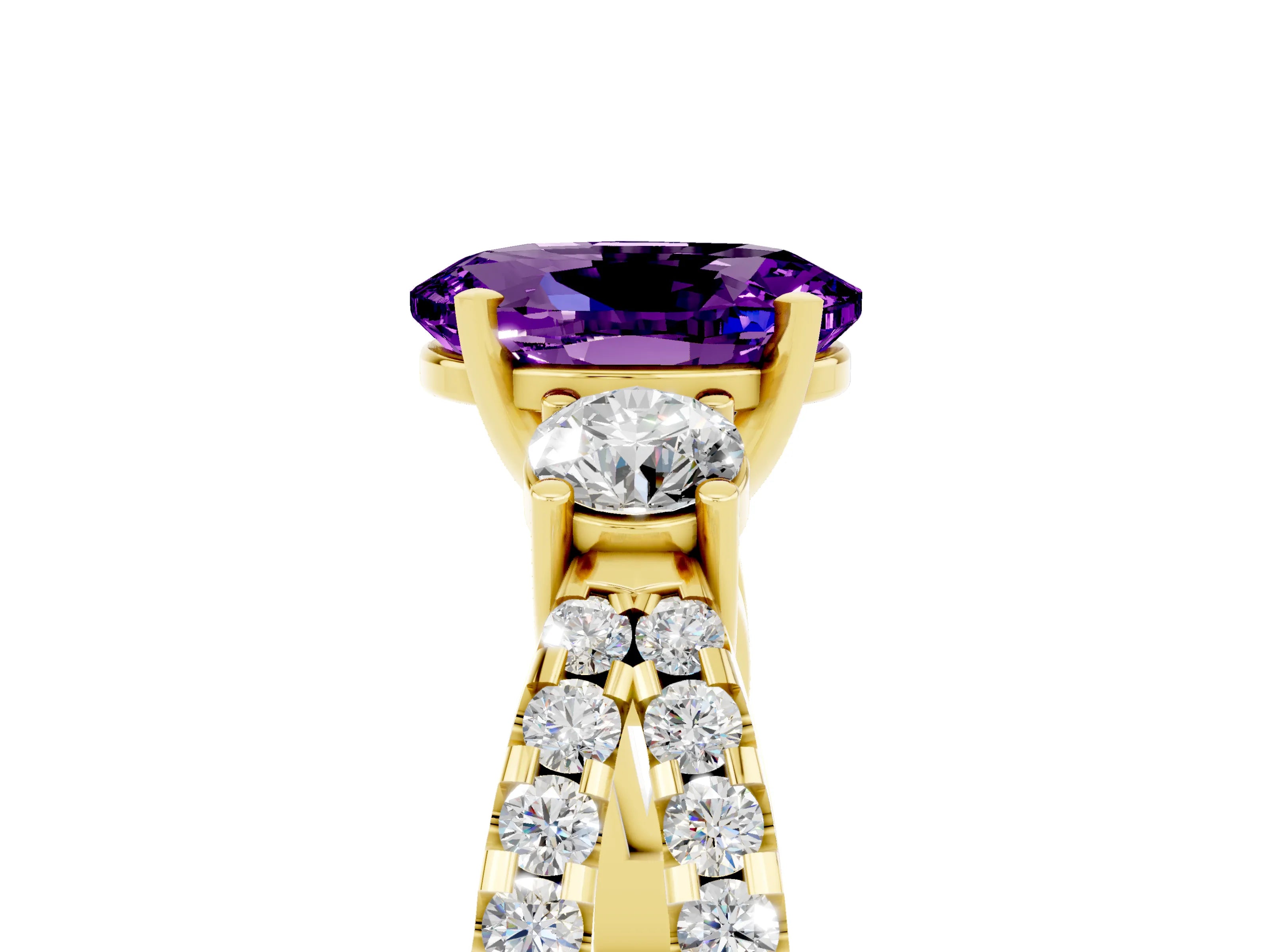 Yellow gold Oval Cut Amethyst Three-Stone Ring with Pavé Split Shank and Four-Prong Setting_17