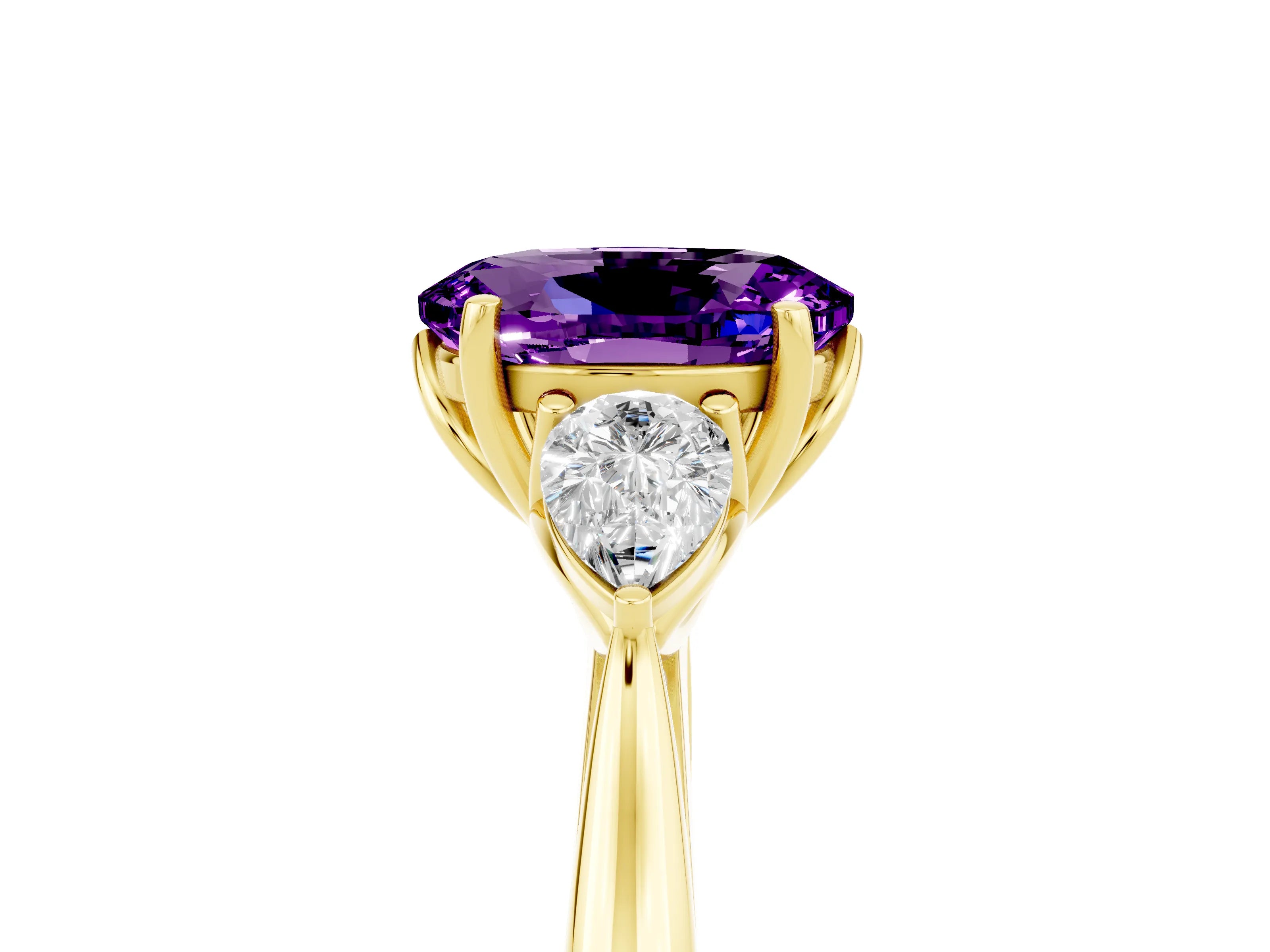 Yellow gold Oval Cut Amethyst Three-Stone Ring with Pear Side Stones and Four-Prong Setting_17