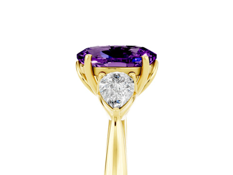 Yellow gold Oval Cut Amethyst Three-Stone Ring with Pear Side Stones and Four-Prong Setting_17