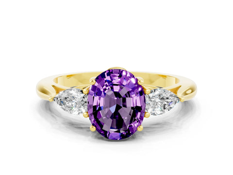 Yellow gold Oval Cut Amethyst Three-Stone Ring with Pear Side Stones and Four-Prong Setting_23
