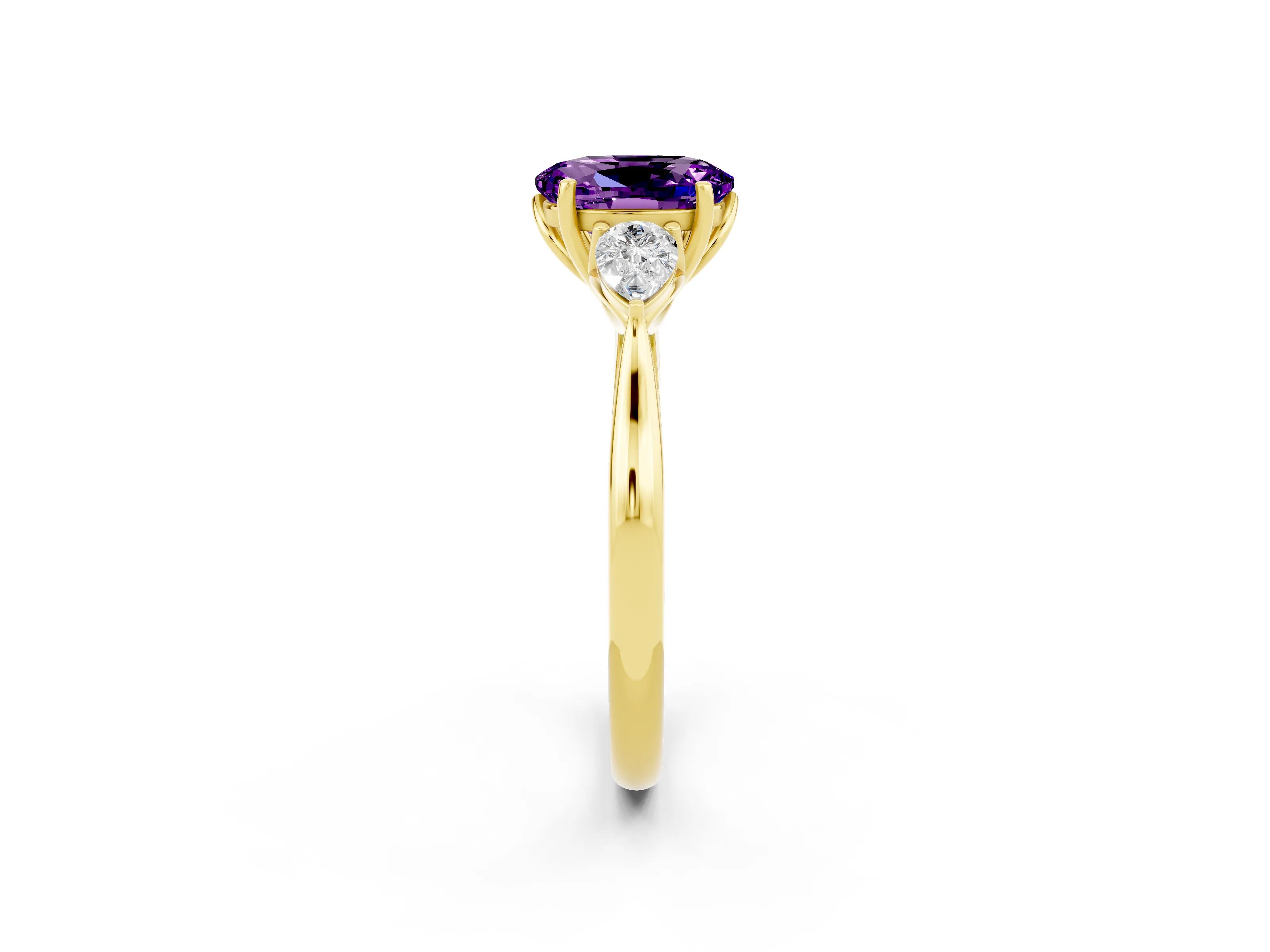 Yellow gold Oval Cut Amethyst Three-Stone Ring with Pear Side Stones and Four-Prong Setting_25
