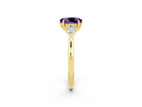 Yellow gold Oval Cut Amethyst Three-Stone Ring with Pear Side Stones and Four-Prong Setting_25