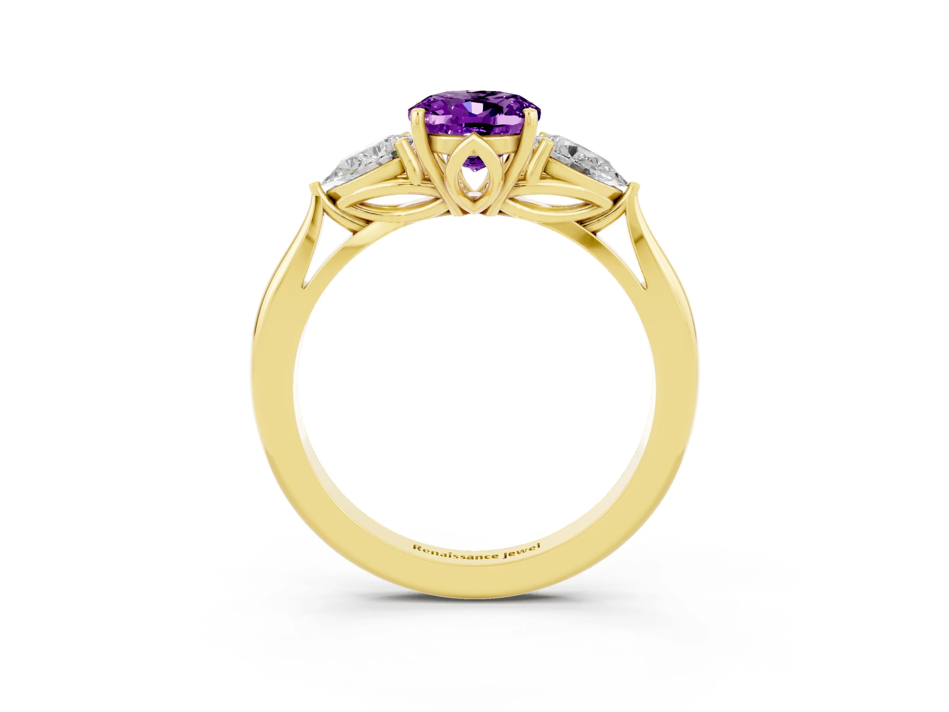 Yellow gold Oval Cut Amethyst Three-Stone Ring with Pear Side Stones and Four-Prong Setting_26