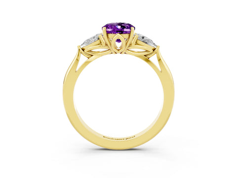 Yellow gold Oval Cut Amethyst Three-Stone Ring with Pear Side Stones and Four-Prong Setting_26