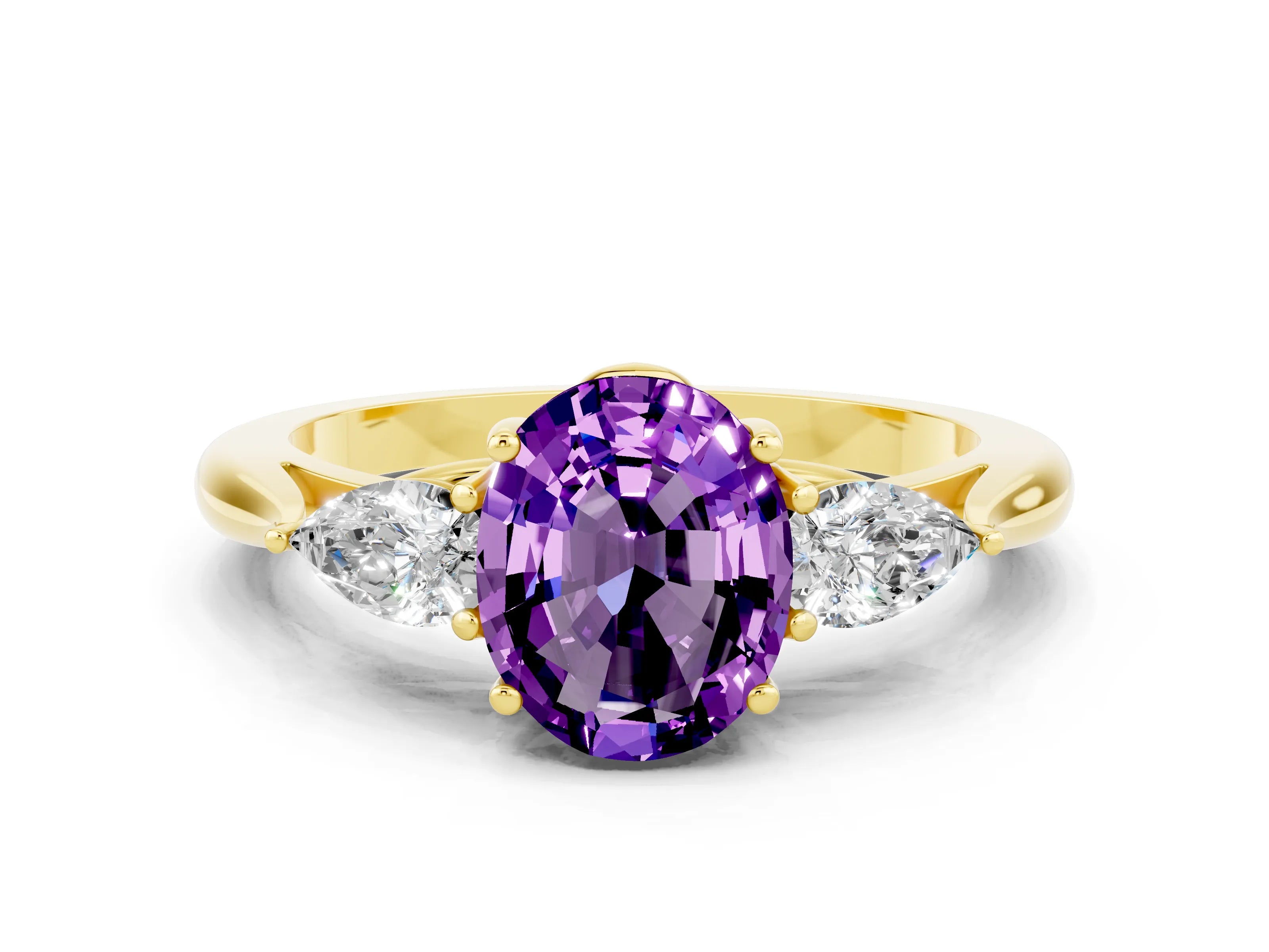 Yellow gold Oval Cut Amethyst Three-Stone Ring with Pear Side Stones and Four-Prong Setting_29