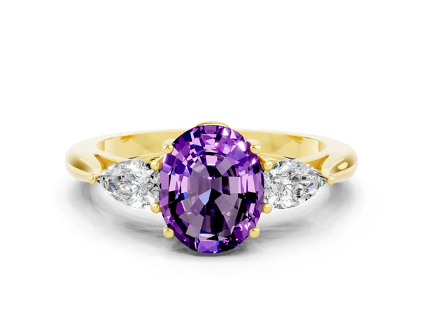 Yellow gold Oval Cut Amethyst Three-Stone Ring with Pear Side Stones and Prong Setting