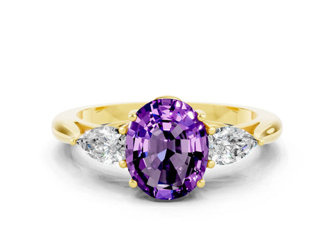 Yellow gold Oval Cut Amethyst Three-Stone Ring with Pear Side Stones and Four-Prong Setting_29