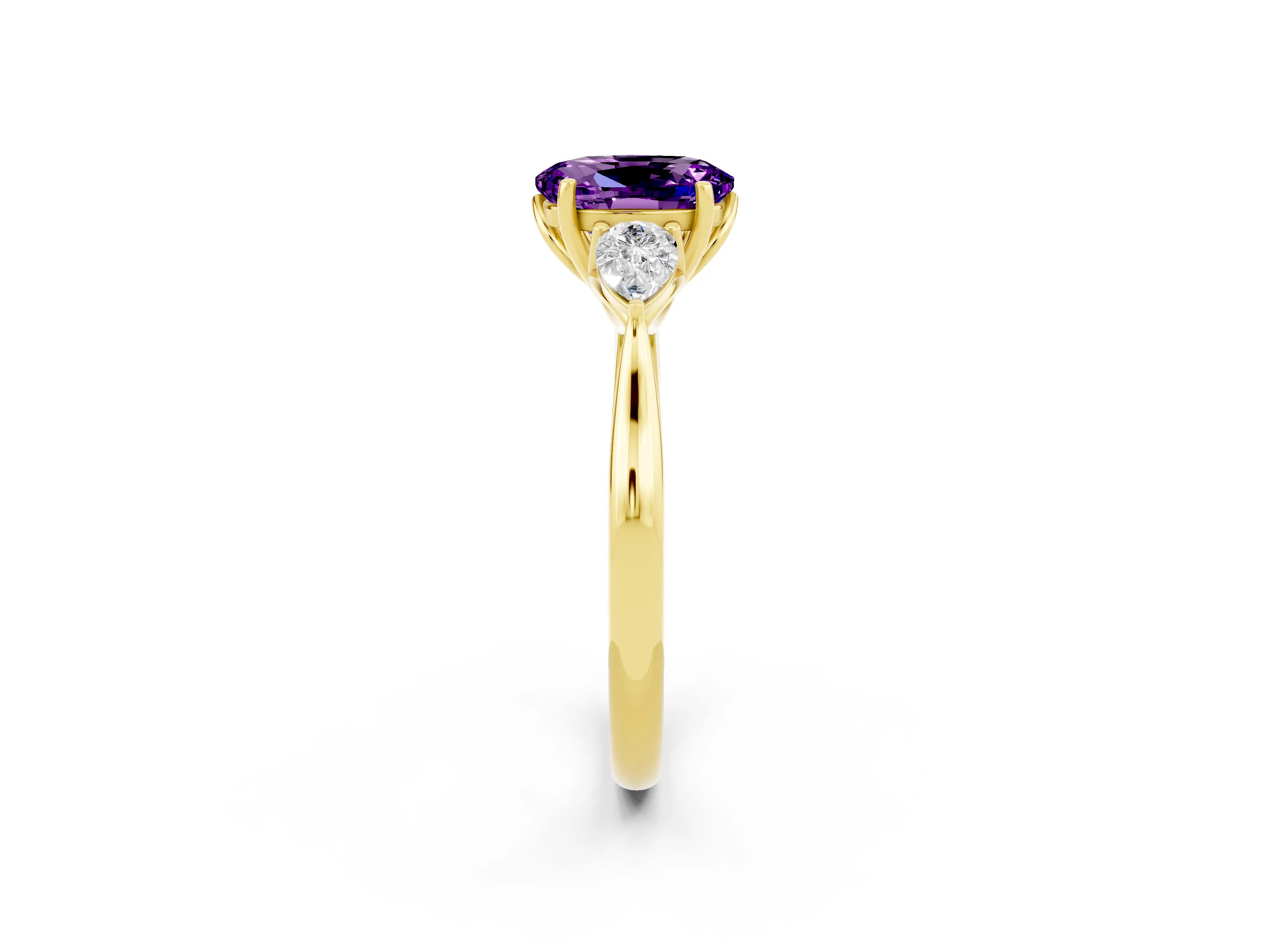 Yellow gold Oval Cut Amethyst Three-Stone Ring with Pear Side Stones and Four-Prong Setting_31