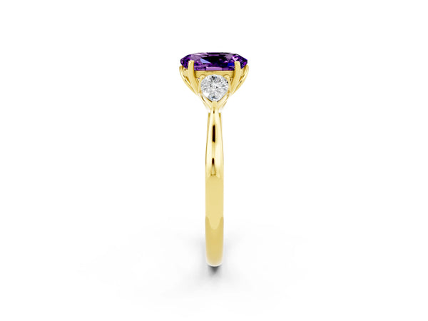 Yellow gold Oval Cut Amethyst Three-Stone Ring with Pear Side Stones and Prong Setting
