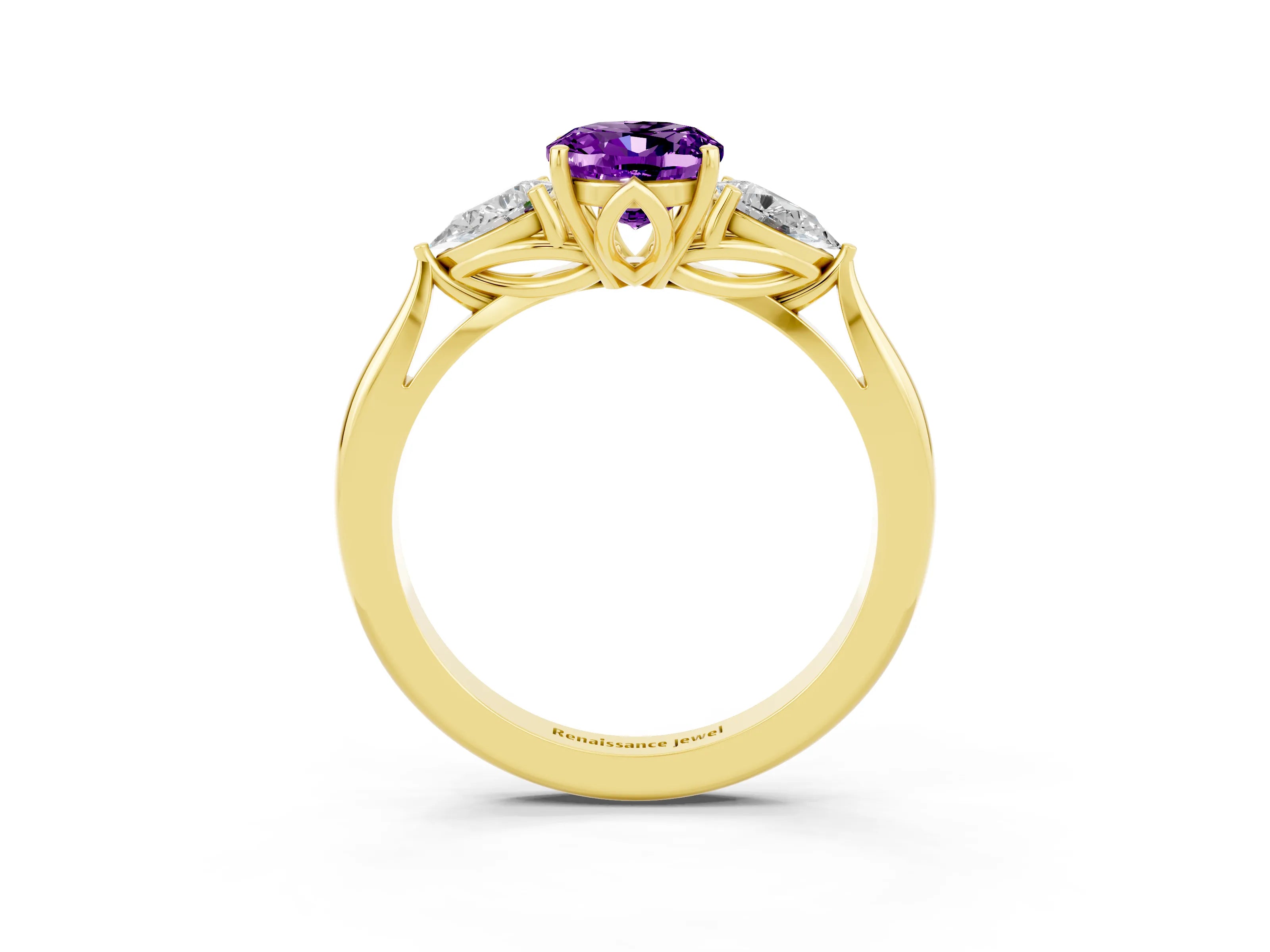 Yellow gold Oval Cut Amethyst Three-Stone Ring with Pear Side Stones and Four-Prong Setting_32