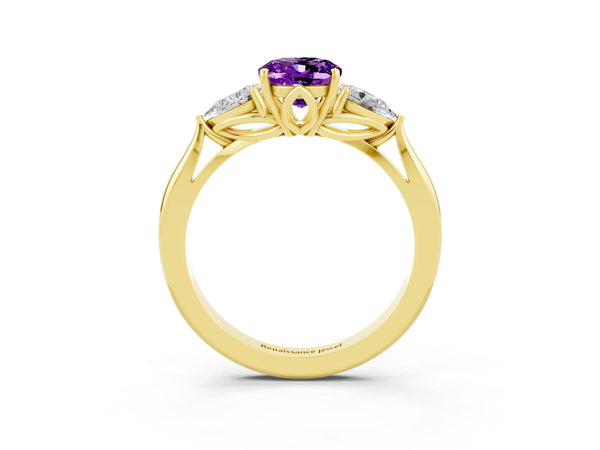 Yellow gold Oval Cut Amethyst Three-Stone Ring with Pear Side Stones and Prong Setting