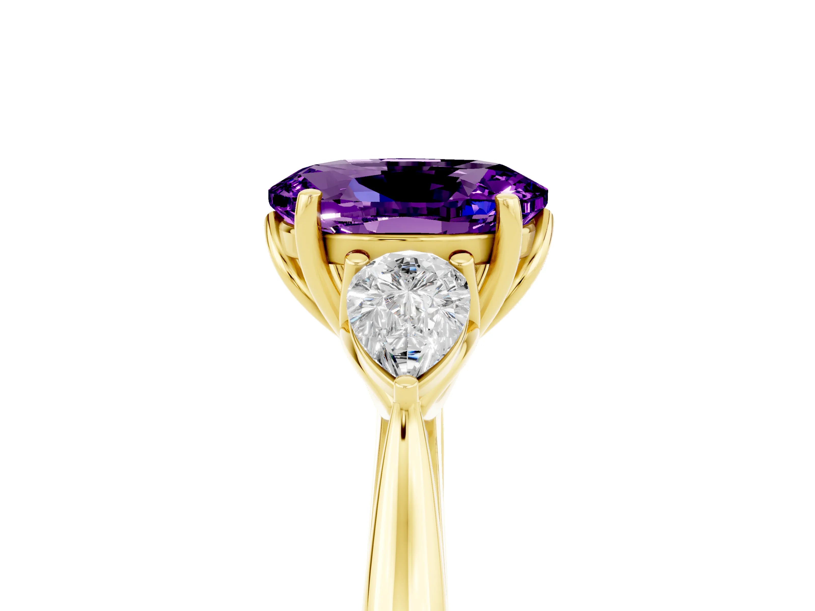 Yellow gold Oval Cut Amethyst Three-Stone Ring with Pear Side Stones and Four-Prong Setting_34