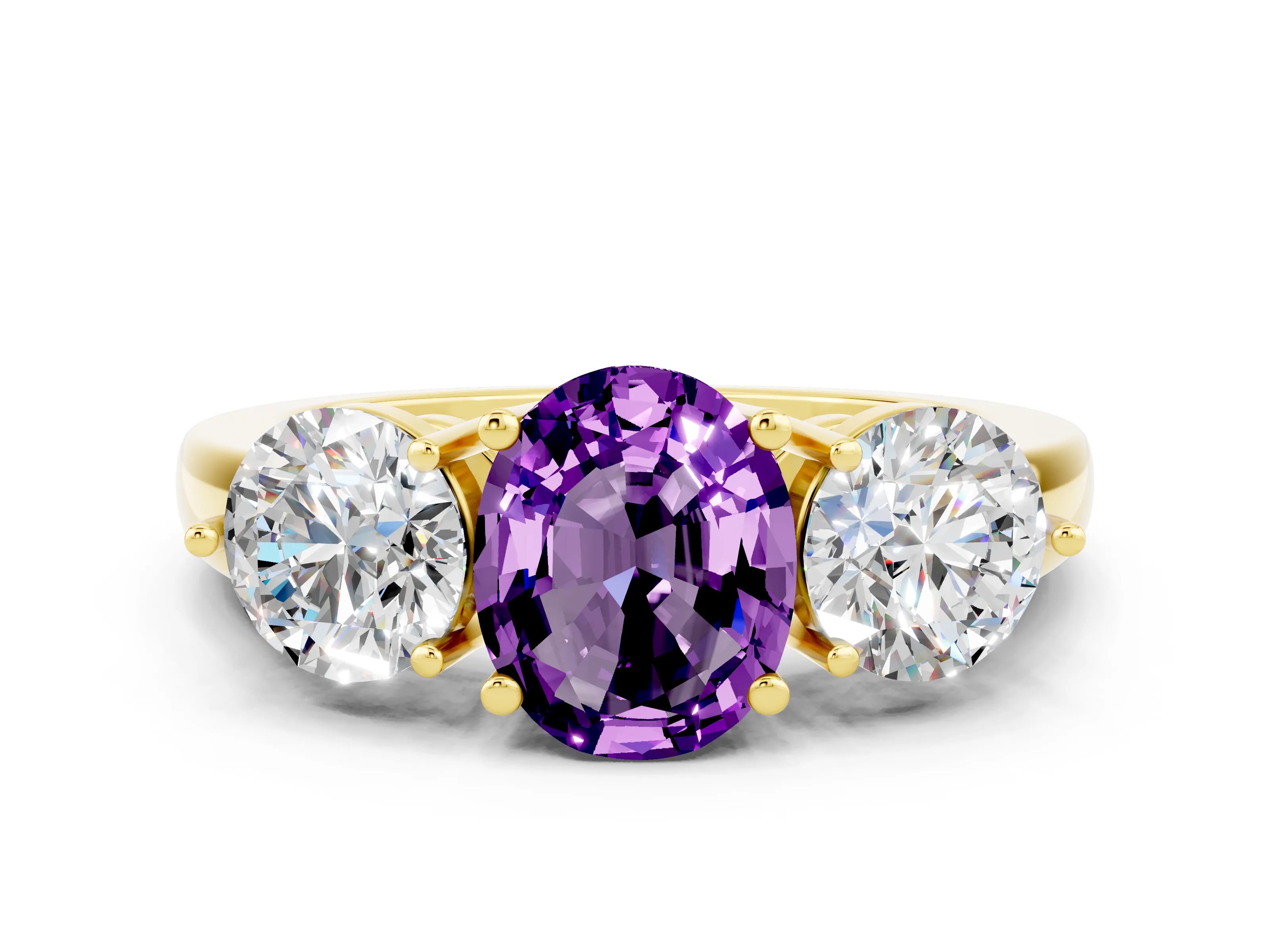 Yellow gold Oval Cut Amethyst Three-Stone Ring with Prong Setting and Classic Band