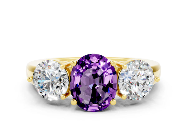 Yellow gold Oval Cut Amethyst Three-Stone Ring with Prong Setting and Classic Band