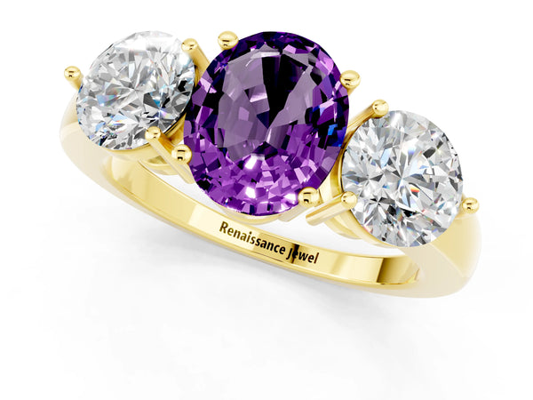 Yellow gold Oval Cut Amethyst Three-Stone Ring with Prong Setting and Classic Band