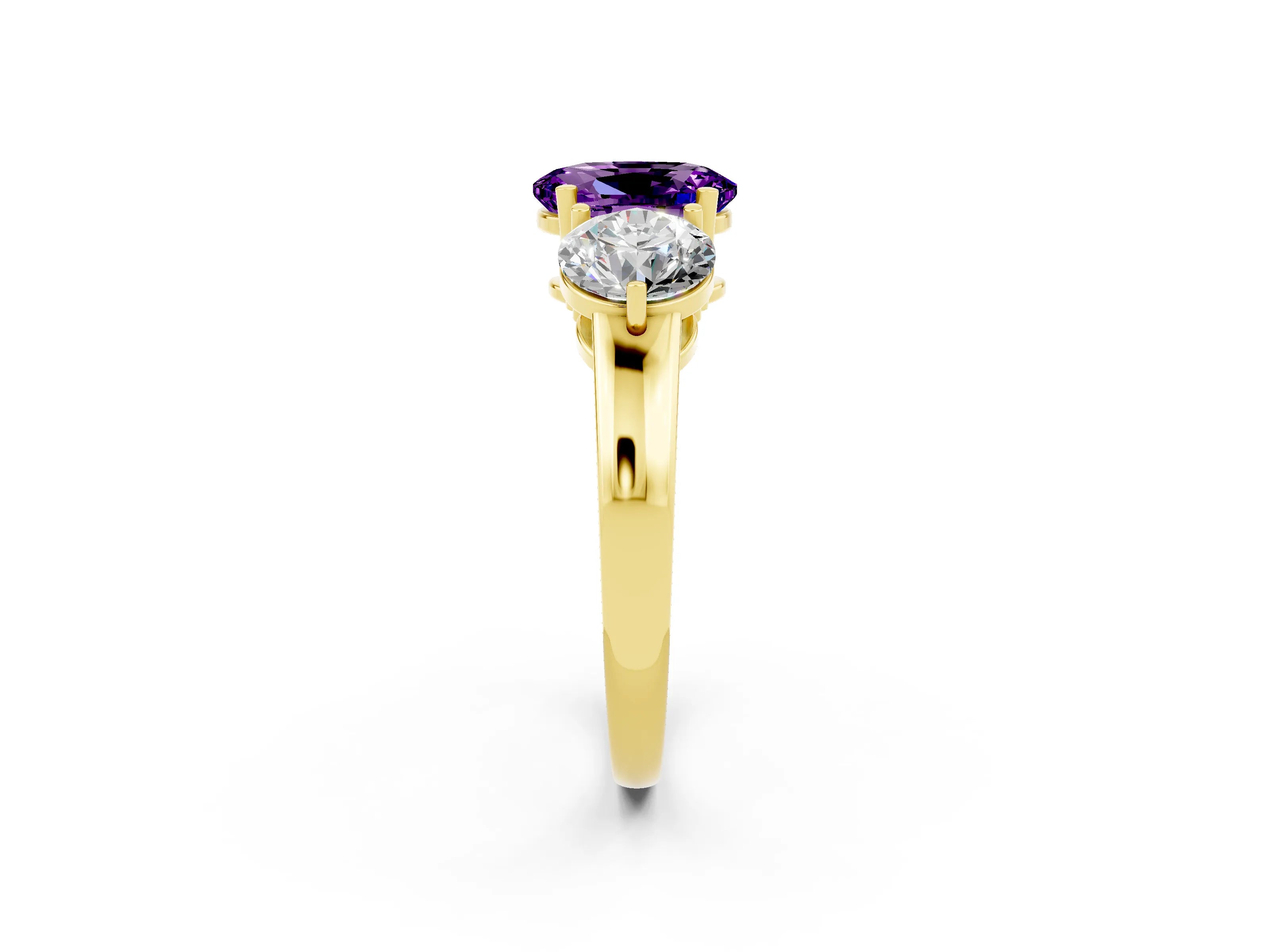 Yellow gold Oval Cut Amethyst Three-Stone Ring with Prong Setting and Classic Band_2