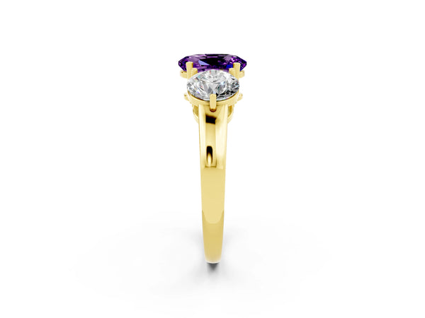 Yellow gold Oval Cut Amethyst Three-Stone Ring with Prong Setting and Classic Band