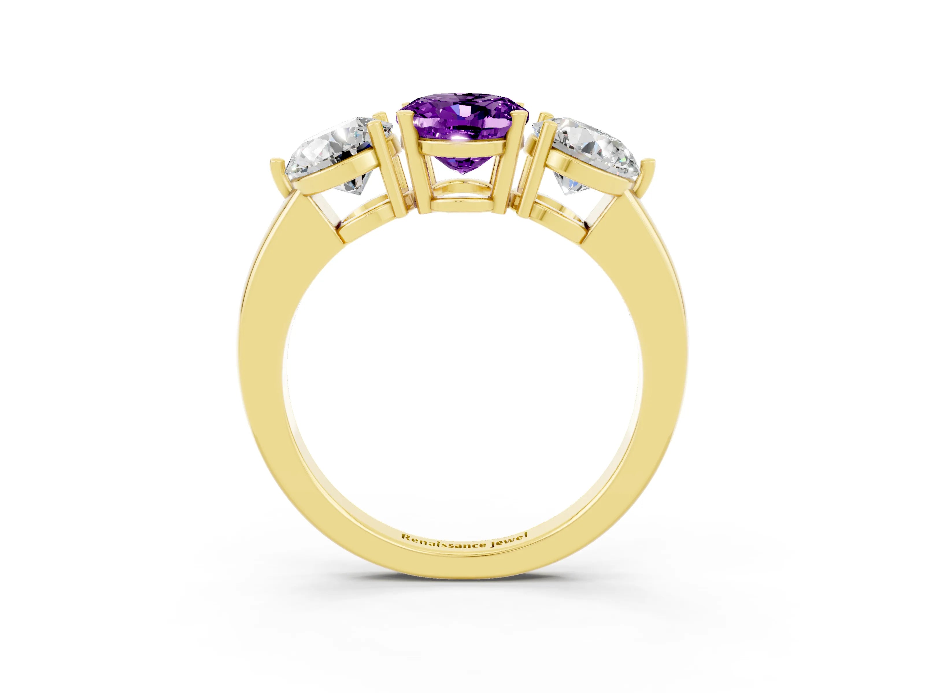 Yellow gold Oval Cut Amethyst Three-Stone Ring with Prong Setting and Classic Band_3