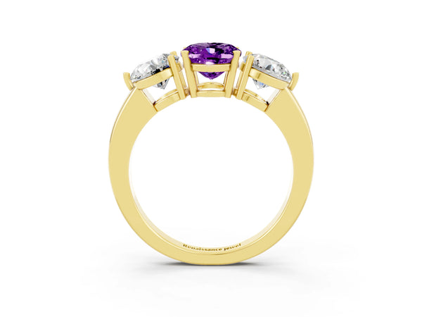 Yellow gold Oval Cut Amethyst Three-Stone Ring with Prong Setting and Classic Band