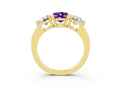 Yellow gold Oval Cut Amethyst Three-Stone Ring with Prong Setting and Classic Band_3