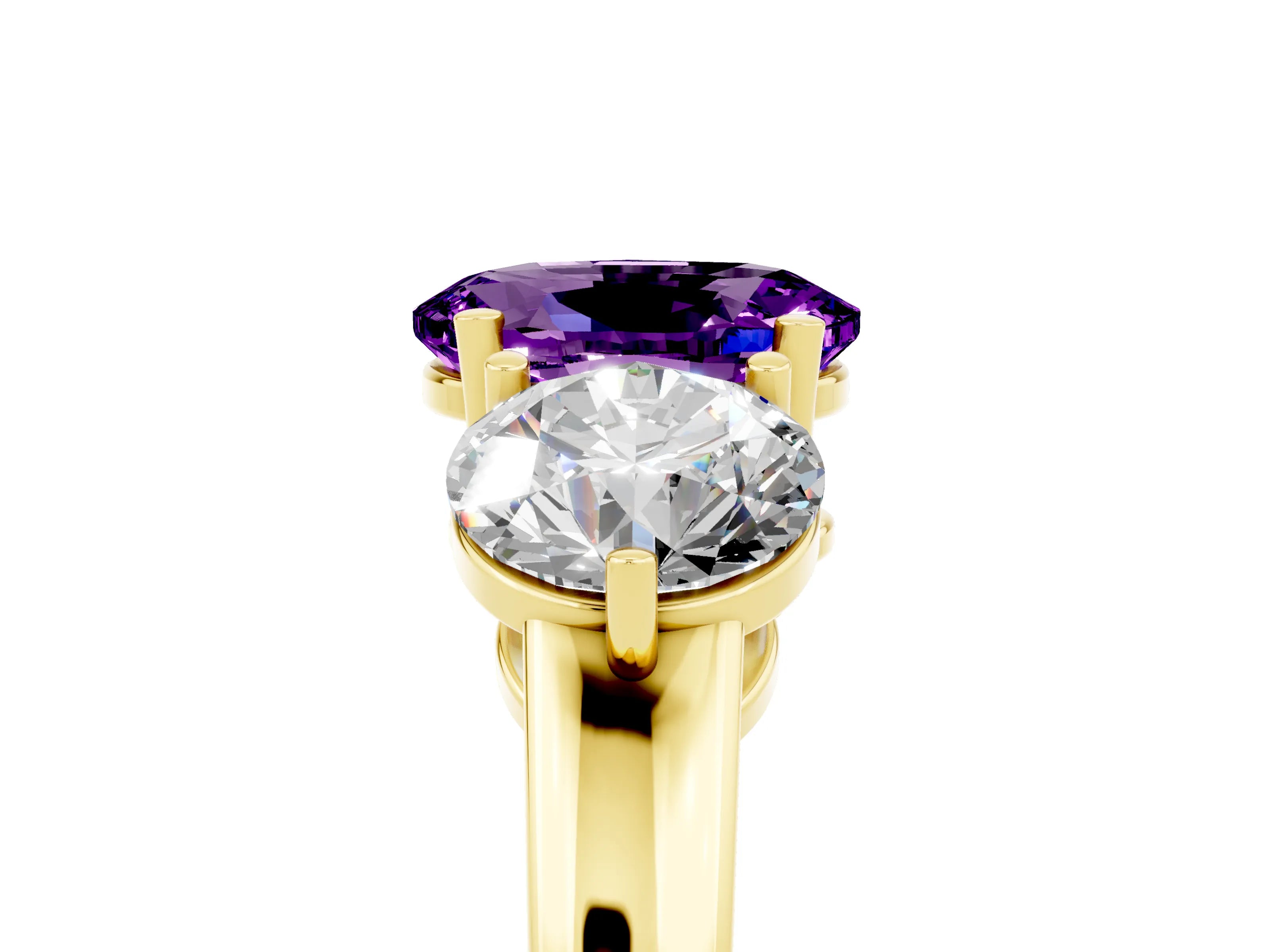 Yellow gold Oval Cut Amethyst Three-Stone Ring with Prong Setting and Classic Band_5
