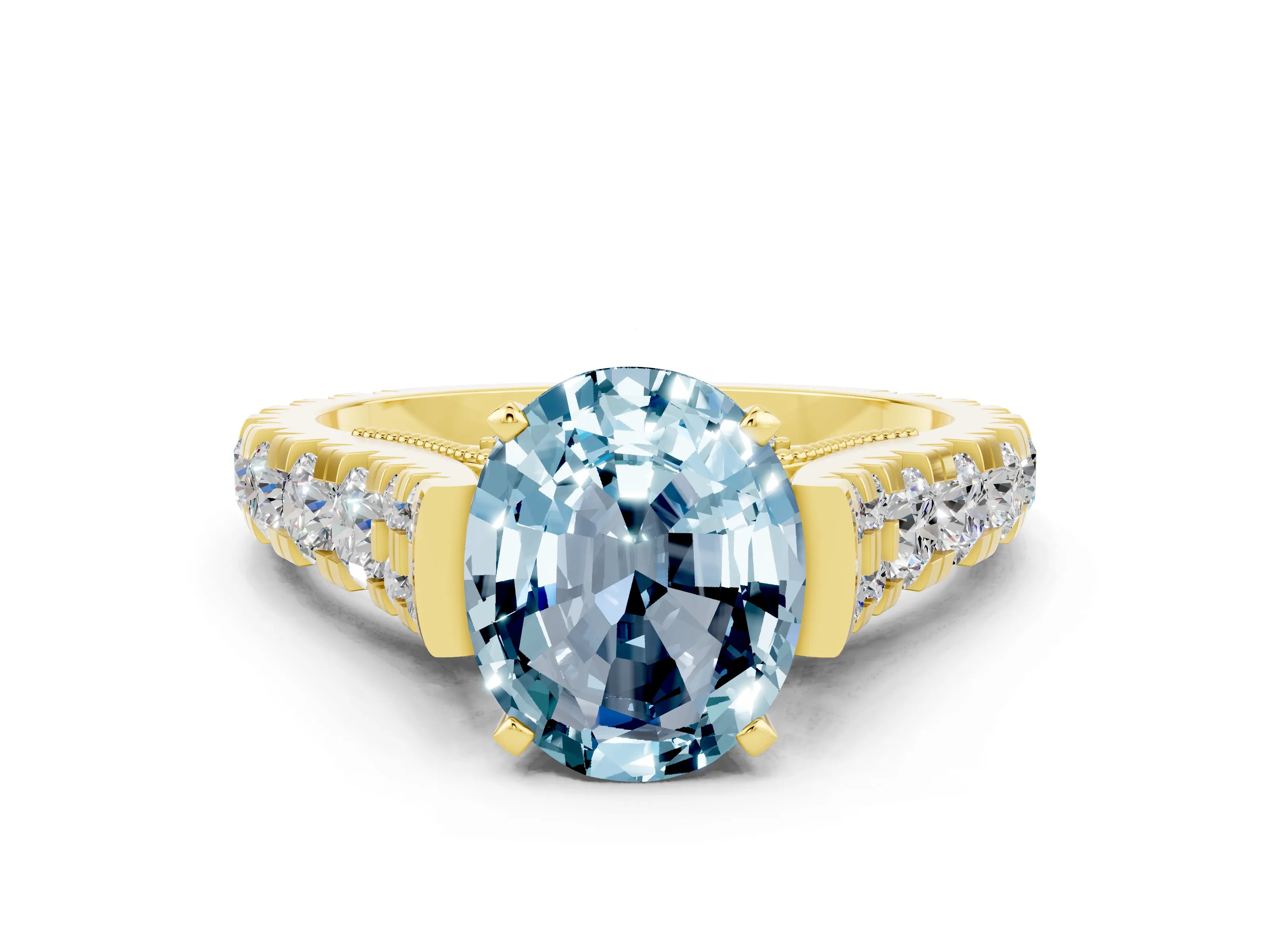 Yellow gold Oval Cut Aquamarine Classic Solitaire Ring with Pavé Band and Four-Prong Setting