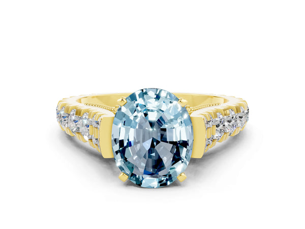 Yellow gold Oval Cut Aquamarine Classic Solitaire Ring with Pavé Band and Four-Prong Setting
