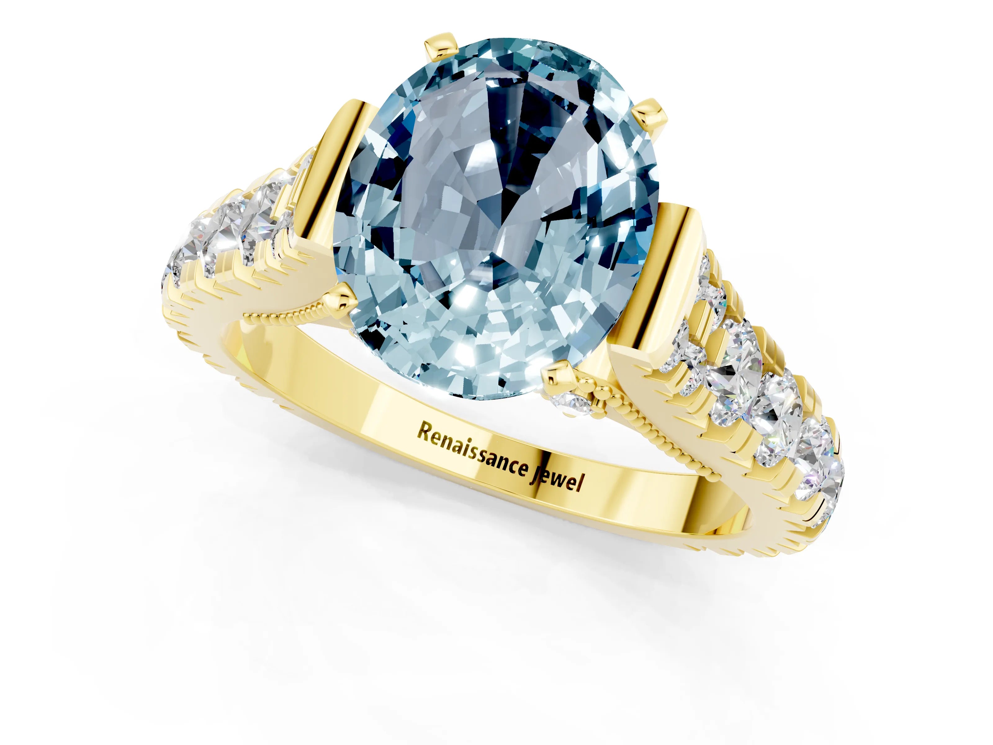 Yellow gold Oval Cut Aquamarine Classic Solitaire Ring with Pavé Band and Four-Prong Setting_1