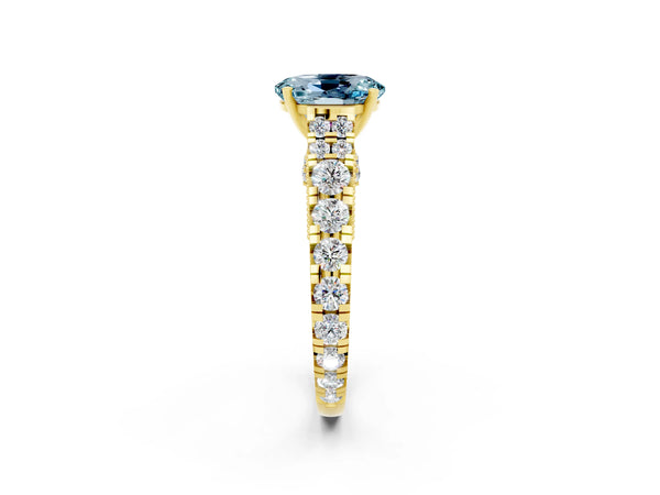 Yellow gold Oval Cut Aquamarine Classic Solitaire Ring with Pavé Band and Four-Prong Setting