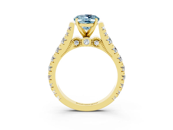 Yellow gold Oval Cut Aquamarine Classic Solitaire Ring with Pavé Band and Four-Prong Setting