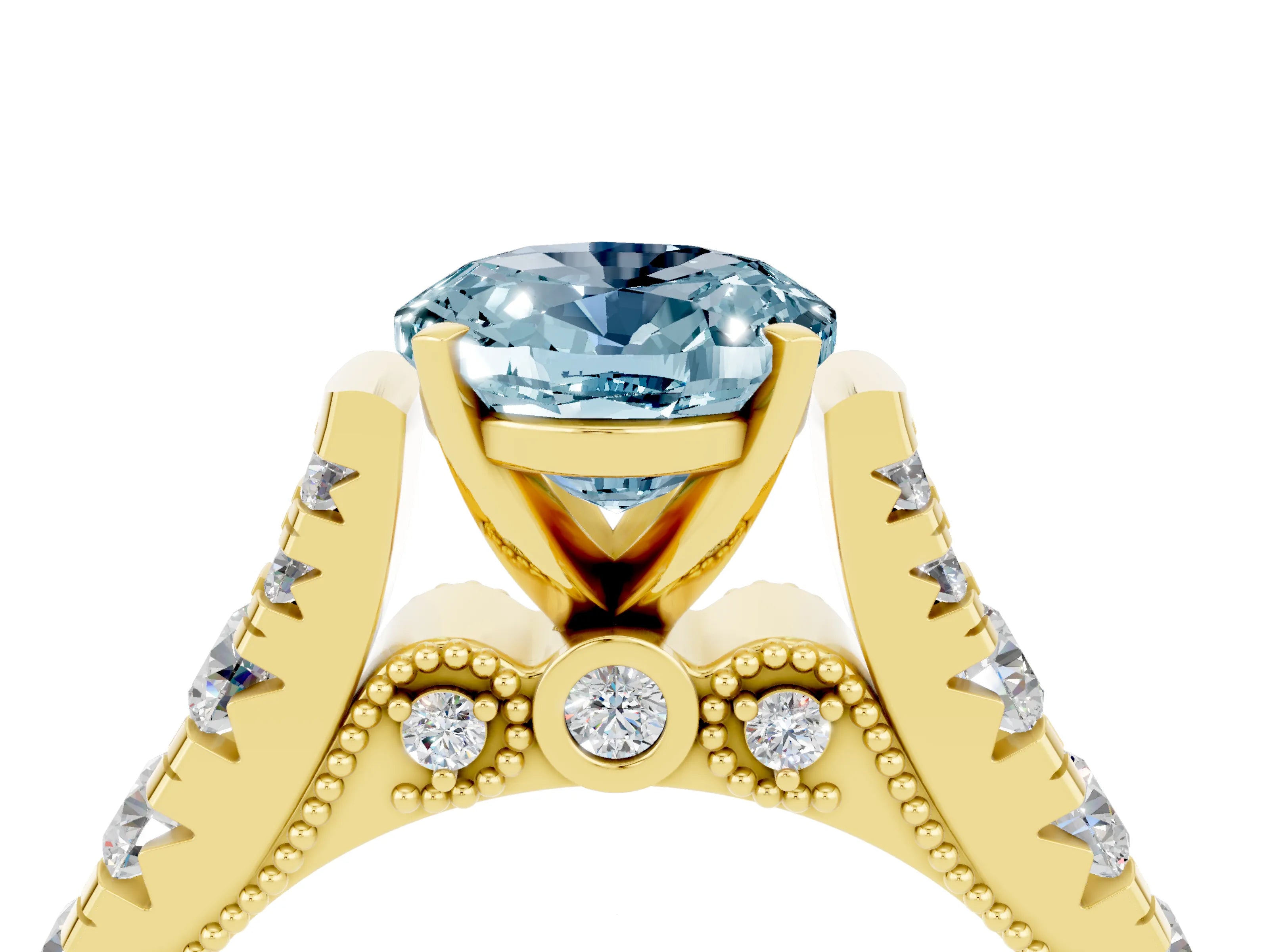 Yellow gold Oval Cut Aquamarine Classic Solitaire Ring with Pavé Band and Four-Prong Setting_4