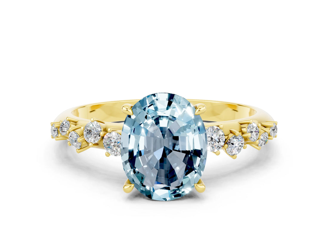 Yellow gold Oval Cut Aquamarine Cluster Side Stone Solitaire Ring with Prong Setting_24