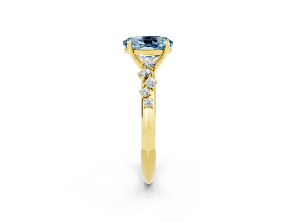 Yellow gold Oval Cut Aquamarine Cluster Side Stone Solitaire Ring with Prong Setting