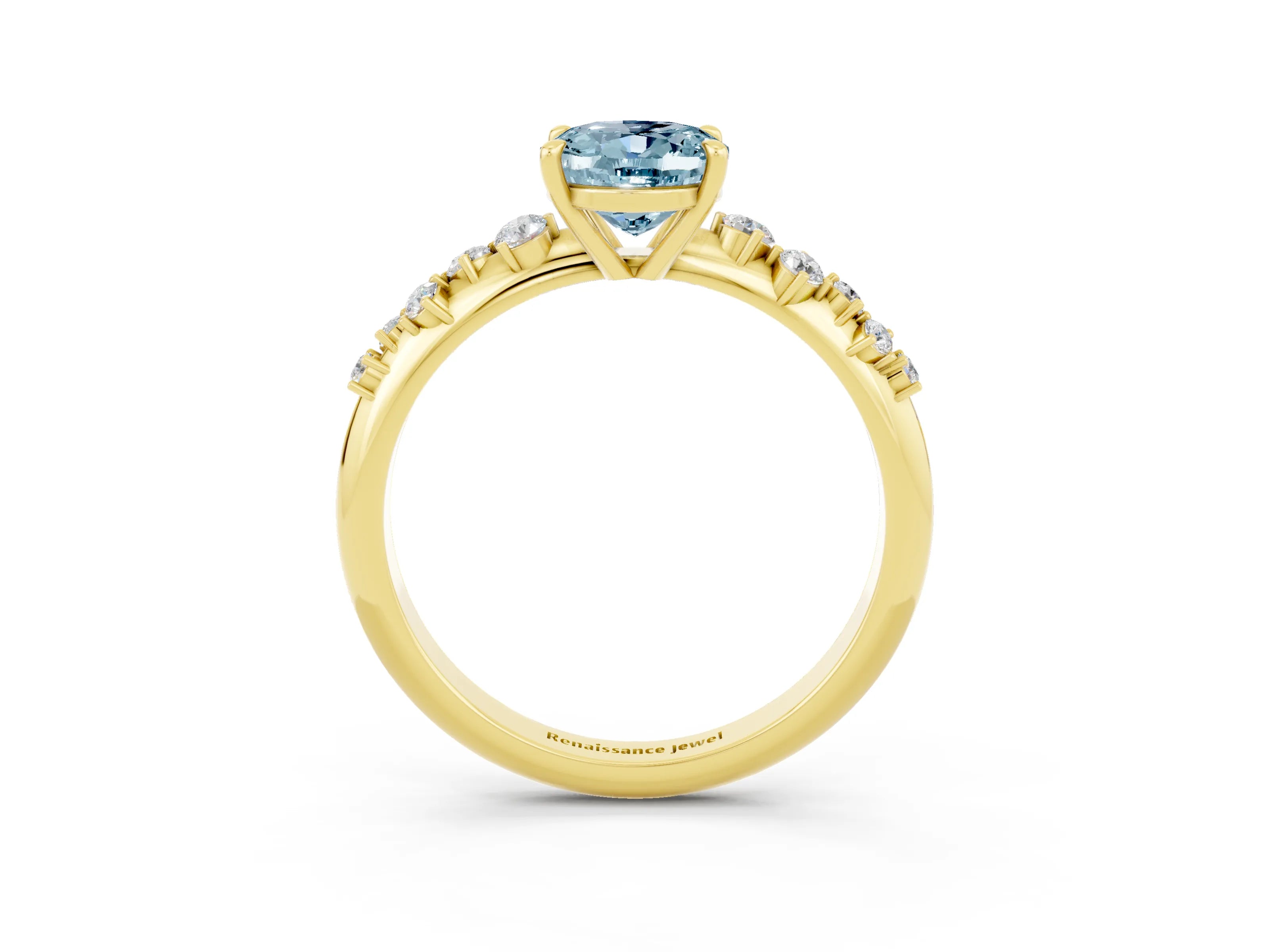 Yellow gold Oval Cut Aquamarine Cluster Side Stone Solitaire Ring with Prong Setting_27