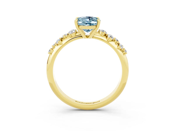 Yellow gold Oval Cut Aquamarine Cluster Side Stone Solitaire Ring with Prong Setting