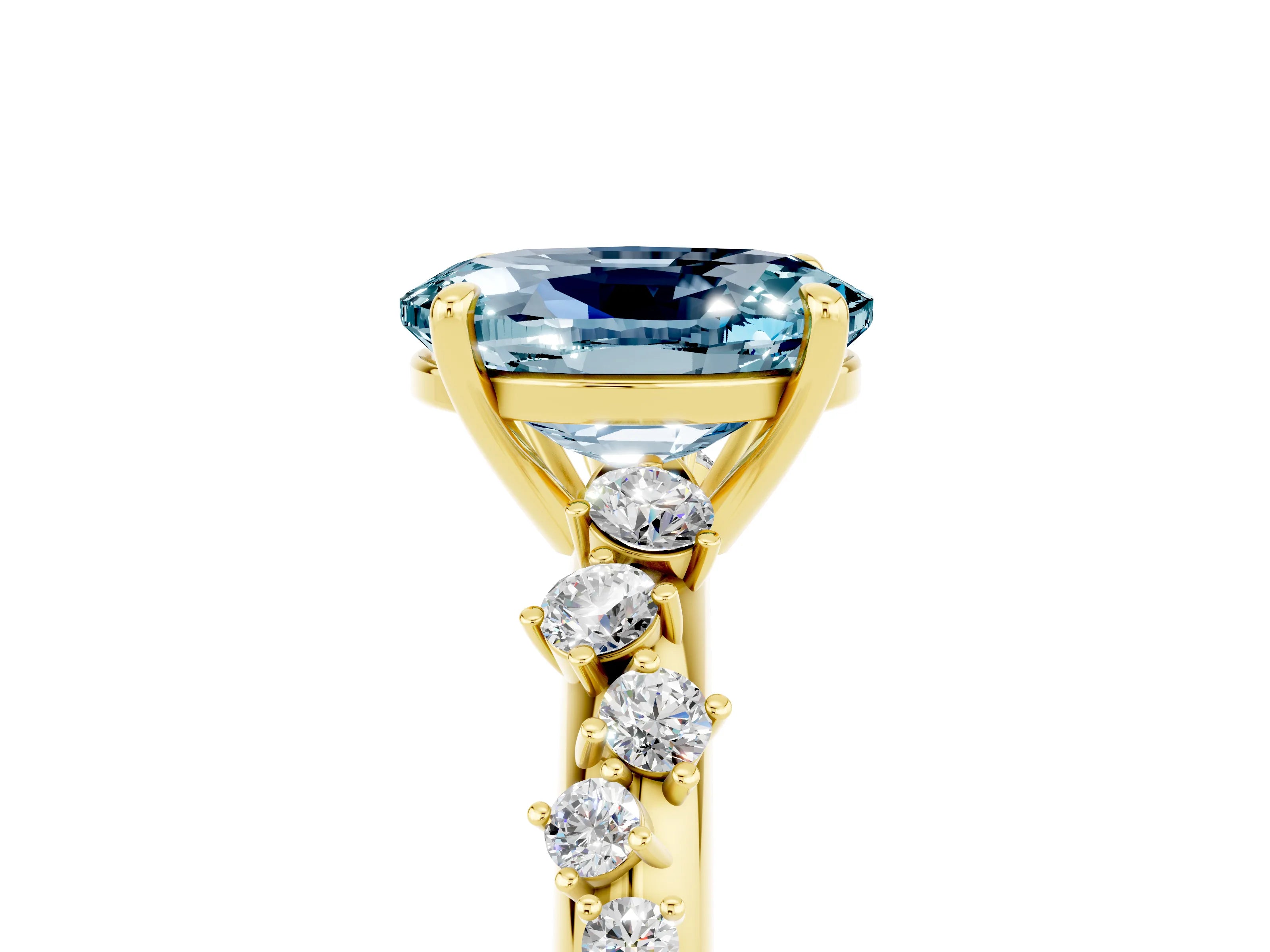 Yellow gold Oval Cut Aquamarine Cluster Side Stone Solitaire Ring with Prong Setting_29